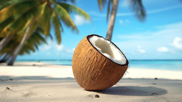 Gebroken bruine kokosnoot op zandstrand Tropisch strand Wereld Kokosnootdag