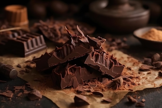 Gebroken chocoladereep en specerijen op houten tafel Neuraal netwerk AI gegenereerd