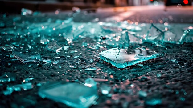 Gebroken glas op de grond van verschillende grootte en vorm bij auto-ongeluk of inbraak