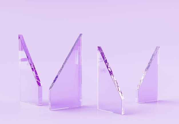 Gebroken glazen scherven op abstracte geometrische achtergrond 3D-rendering Driehoek verbrijzelde stukken van neergestort raam transparante kristallen platen met scherpe randen en hologram gradiënt textuur 3D-illustratie