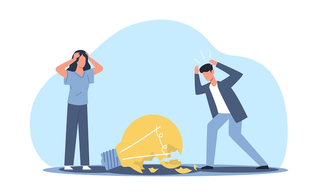 Gebroken gloeilamp als symbool van de ineenstorting van een idee mislukking en moeilijkheden Mislukte zakelijke brainstorming Inspiratiecrisis Droevige man en vrouw cartoon vlakke illustratie Vectorconcept