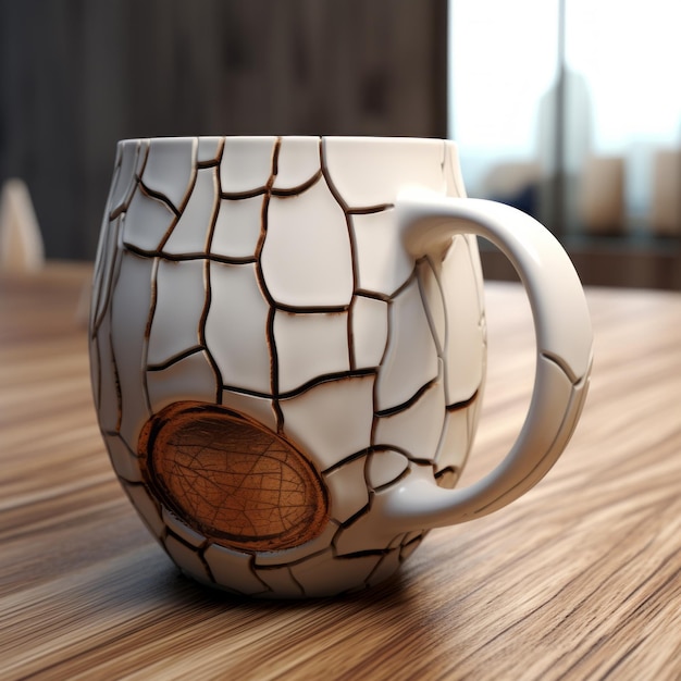 Gebroken houten koffiekop met mozaïekachtige cartoonische elementen