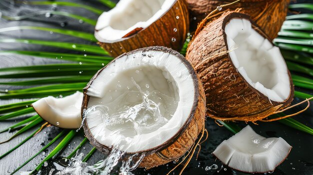 Gebroken kokosnoten omhelzen melk spetterende palmbladeren zwaaien een glimp in tropische zaligheid