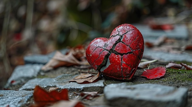 Foto gebroken rood hart op de grond in het herfstbos ondiepe diepte van het veld