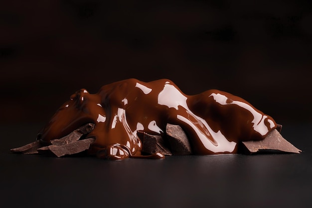 Gebroken stukken gieten met gesmolten chocolade op zwarte tafel