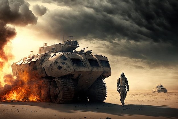 Gebroken tanks tijdens oorlog futuristische scène op slagveld generatieve AI