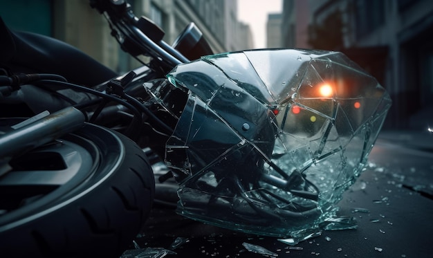 Gebroken voorruit in een fiets die op de weg ligt Stukken glas op de grond Auto-ongeluk Generatieve AI