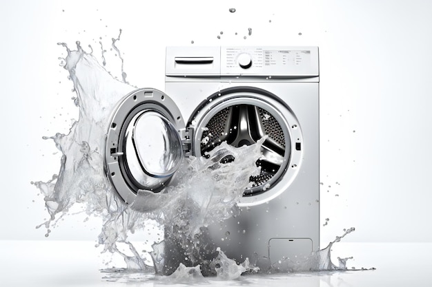 Gebroken wasmachine met water dat op een witte achtergrond spat