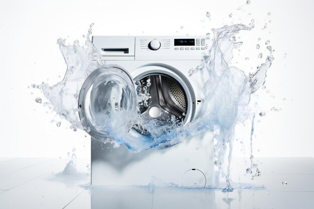 Gebroken wasmachine met water dat op een witte achtergrond spat