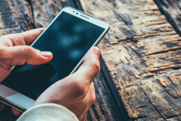 Gebruik een mobiele telefoon op een houten tafel met ruimte voor tekstkopieerruimte Generatieve AI