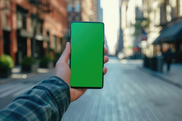 Gebruik smartphone buiten groen scherm in daglicht stad instelling