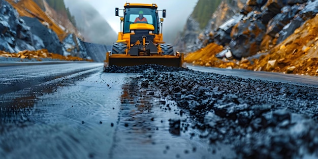 Gebruik van een asfaltmachine bij de wegbouw Concept Asfaltmachine Gebruik van wegbouwapparatuur Asfalttechnieken Veiligheidsvoorzorgsmaatregelen