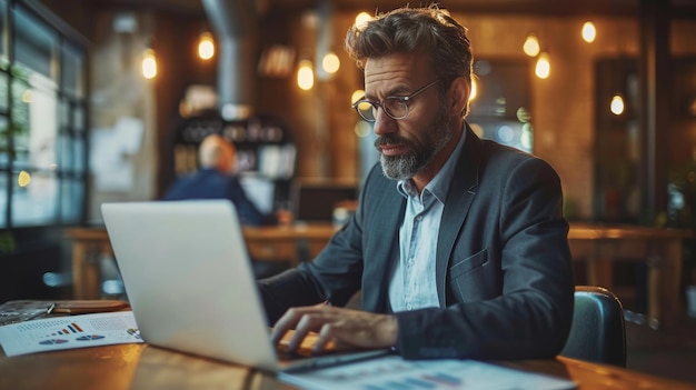 Gebruik van een laptop om financiële verslagen te lezen financieel en technologisch concept