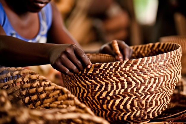 Gebruik van traditionele Afrikaanse mandenvlechttechniek