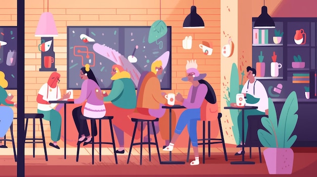 Gebruikers in een coffeeshop Illustratie voor een modern bedrijf