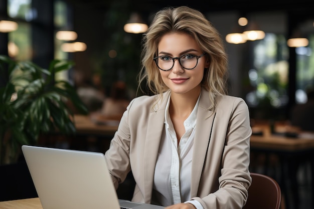 Gebruikt een laptop portret van een zakelijke volwassen vrouw met een bril in een wit hemd bedrijf medewerker