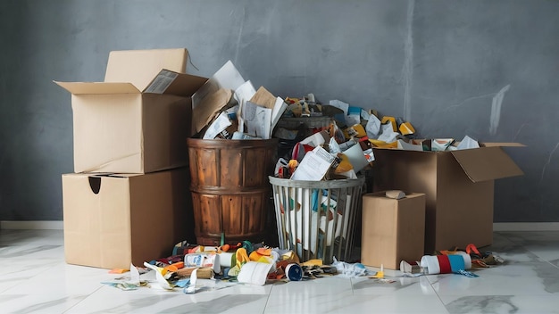 Gebruikte afvalpapier- en kartonnen dozen op een witte marmeren vloer