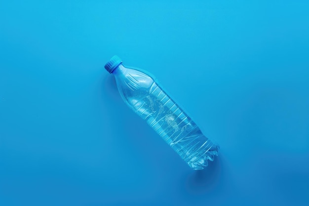 gebruikte plastic fles op een blauwe achtergrond Het concept van het gebruik van plastic Top view flat lay
