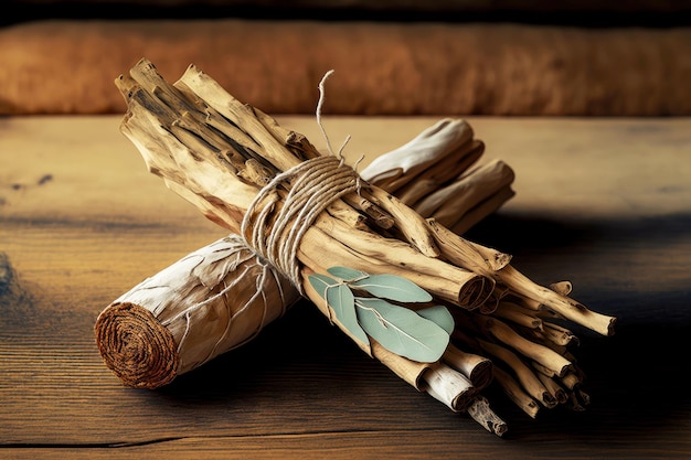 Gebundelde wierookstokjes met geurige bladeren op houten tafel