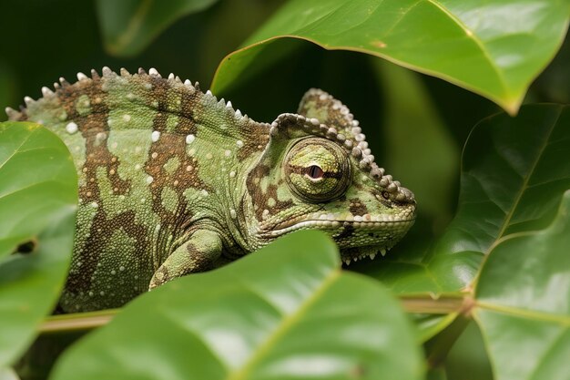 Gecamoufleerde kameleon verstopt in bladeren