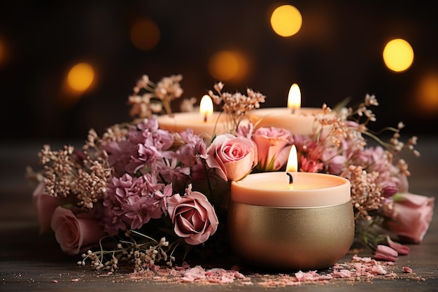 Foto gecentreerde kaarsen op tafel in decoratieve stijl, regelen voor de gelegenheid met verse bloemen