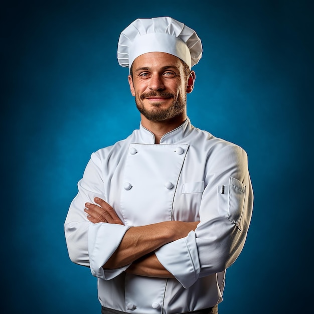 Gecertificeerde chef-assistent op een blauwe achtergrond