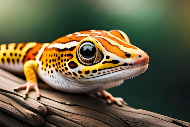 A gecko on a branch with a green background