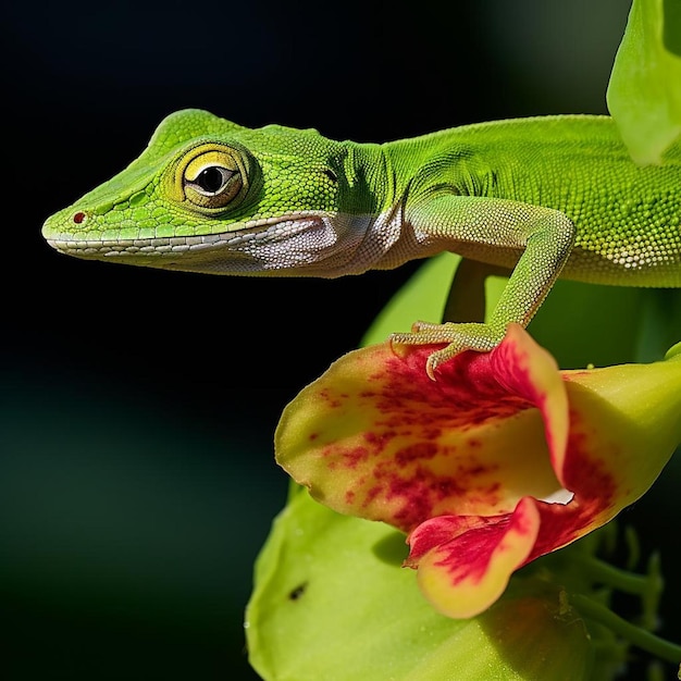 Photo a gecko is on a flower with a red flower in the background