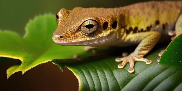 Gecko lizard brown perched on a leaf green