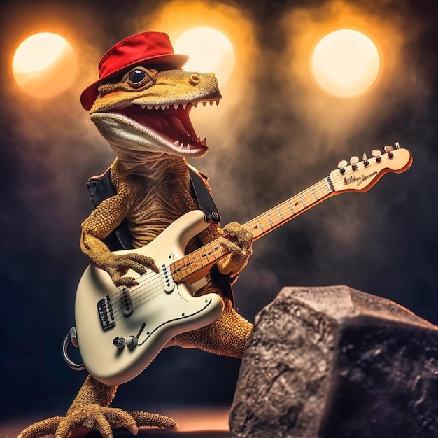 Photo gecko playing electric guitar on stage, generative ai