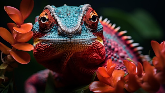 a gecko with a red and blue head and a red flower in the background