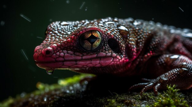 A gecko with a red face sits on a green moss.