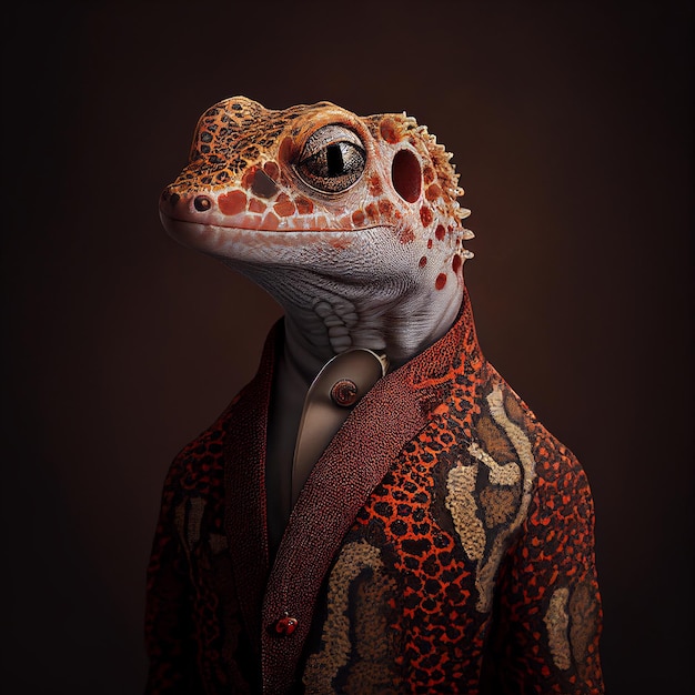 A gecko with a red tie and a red jacket