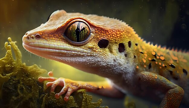 A gecko with a yellow and orange face sits on a branch
