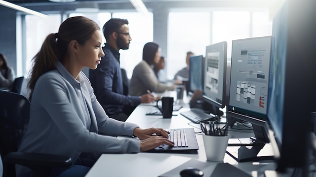 Foto geconcentreerd multi-etnisch zakelijk team dat aan computers werkt in een modern kantoor