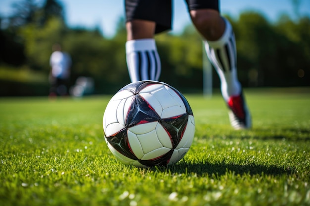 Foto geconcentreerd op de voetbal met spelers die strategieën opstellen op de achtergrond.