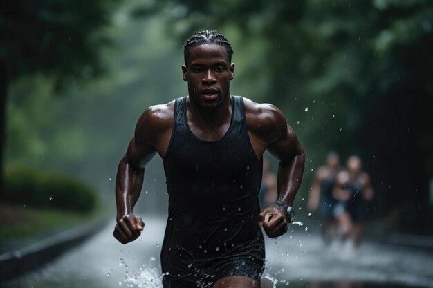 Geconcentreerde Afrikaanse mannelijke atleet triathlon lopen in de regen