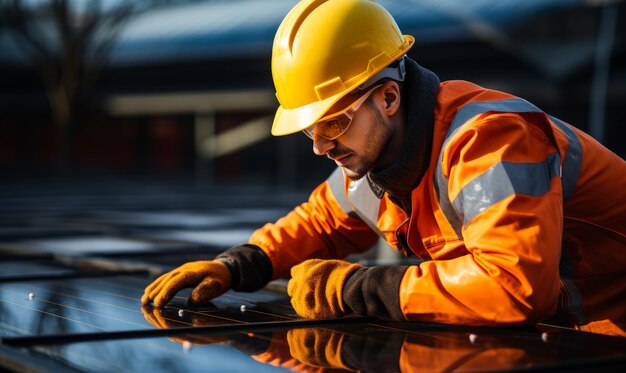 Geconcentreerde baarde man in oranje uniform en gele hardhat ingenieur die werkt met zonnepaneel wazige achtergrond