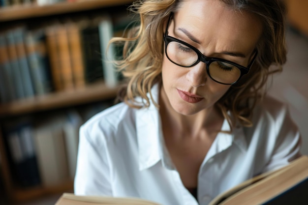 Foto geconcentreerde blanke zakenvrouw die een boek leest in kantoor close-up