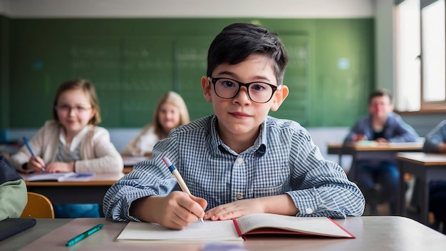 Geconcentreerde jonge jongen met een bril die aan een bureau zit en in de klas in een kopieboek schrijft