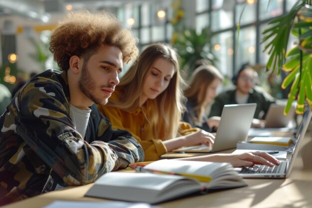 Geconcentreerde jonge multi-etnische studenten die laptop en boek gebruiken terwijl ze samen in de bibliotheek studeren