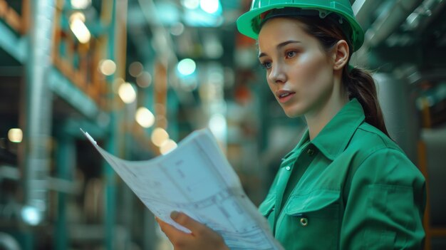 Foto geconcentreerde jonge vrouwelijke ingenieur met een groene hardhat onderzoekt blauwdrukken te midden van een industriële machine