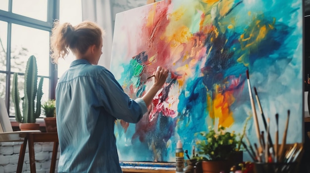 Geconcentreerde kunstenaar voegt levendige kleuren toe aan een abstract doek in een zonneschijnende kunststudio