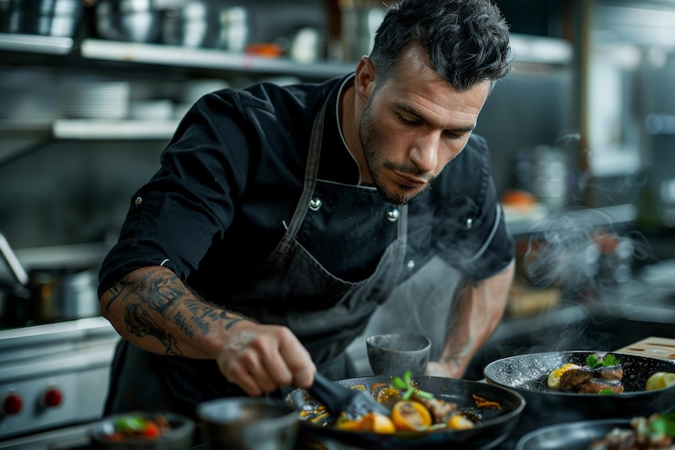 Foto geconcentreerde mannelijke kok die kookt in de keuken van een restaurant