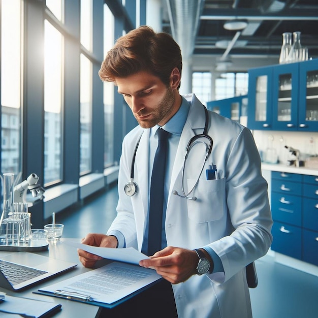 Geconcentreerde medische professional die patiëntendossiers beoordeelt in een modern laboratorium