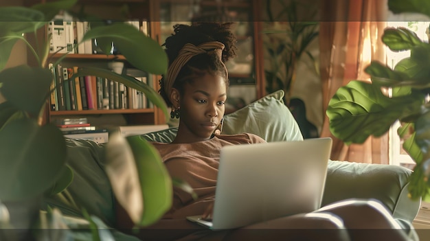 Geconcentreerde vrouw die thuis aan een laptop werkt, omringd door planten, gezellig op afstand werken, moderne freelance levensstijl, binnengroen verrijkt de leefruimte, AI.