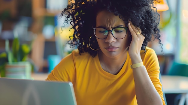 Geconcentreerde vrouw werkt op een laptop in een casual omgeving Alledaagse technologie Gebruik geportretteerde concentratie en moderne levensstijl AI