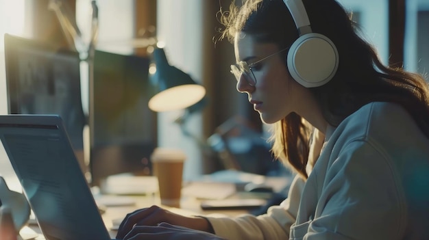 Geconcentreerde vrouw werkt's nachts met koptelefoon aan de computer