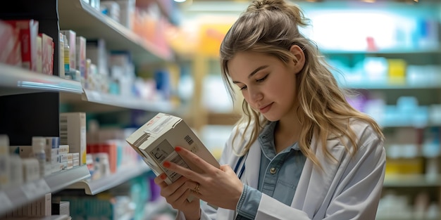 Geconcentreerde vrouwelijke apotheker die medicijnen beoordeelt in een apotheek moderne gezondheidszorgprofessionele op het werk candid shot in een drogisterij AI