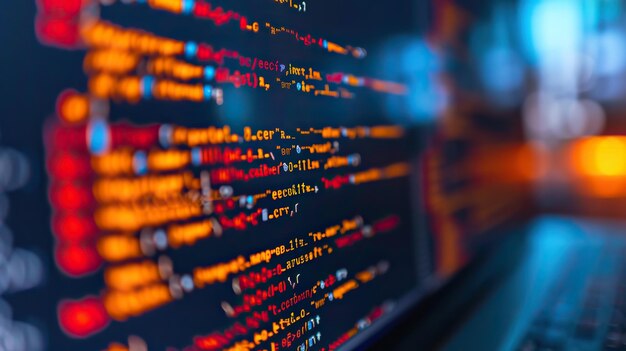 Geconcentreerde weergave van een computermonitor met gedetailleerde programmeercode die de softwareontwikkeling benadrukt